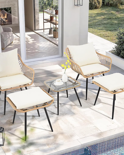 FHFO 5 Pieces Outdoor Wicker Furniture Set, Patio Bistro Set with Ottomans Rattan Balcony Furniture for Apartment, Garden, Porch, Backyard, Poolside,Natural-Beige Pamapic