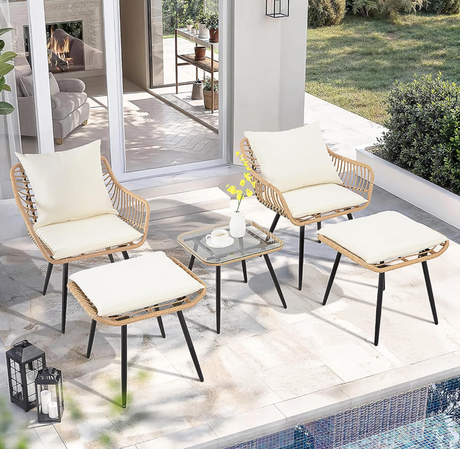 FHFO 5 Pieces Outdoor Wicker Furniture Set, Patio Bistro Set with Ottomans Rattan Balcony Furniture for Apartment, Garden, Porch, Backyard, Poolside,Natural-Beige Pamapic