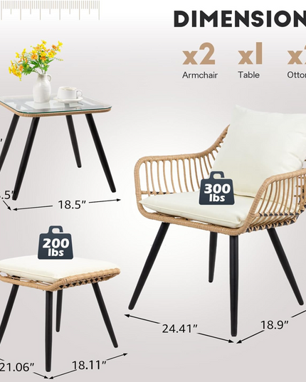 FHFO 5 Pieces Outdoor Wicker Furniture Set, Patio Bistro Set with Ottomans Rattan Balcony Furniture for Apartment, Garden, Porch, Backyard, Poolside,Natural-Beige Pamapic