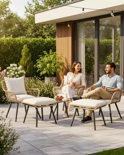 FHFO 5 Pieces Outdoor Wicker Furniture Set, Patio Bistro Set with Ottomans Rattan Balcony Furniture for Apartment, Garden, Porch, Backyard, Poolside,Natural-Beige Pamapic