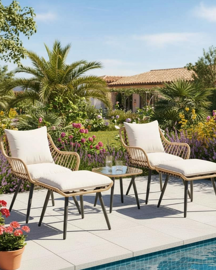 FHFO 5 Pieces Outdoor Wicker Furniture Set, Patio Bistro Set with Ottomans Rattan Balcony Furniture for Apartment, Garden, Porch, Backyard, Poolside,Natural-Beige Pamapic
