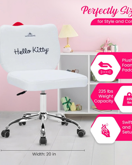 Impressions Vanity Hello Kitty Kawaii Swivel Vanity Chair for Makeup Room, Adjustable Height Cute Desk Chair with Wheels Rolling, Comfy Polyurethane Foam Back Armless Chair for Dorm (White) IMPRESSIONSVANITY%C2%B7COMPANY