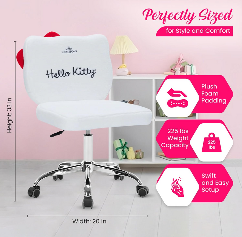 Impressions Vanity Hello Kitty Kawaii Swivel Vanity Chair for Makeup Room, Adjustable Height Cute Desk Chair with Wheels Rolling, Comfy Polyurethane Foam Back Armless Chair for Dorm (White) IMPRESSIONSVANITY%C2%B7COMPANY