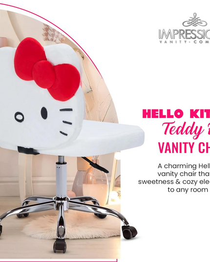 Impressions Vanity Hello Kitty Kawaii Swivel Vanity Chair for Makeup Room, Adjustable Height Cute Desk Chair with Wheels Rolling, Comfy Polyurethane Foam Back Armless Chair for Dorm (White) IMPRESSIONSVANITY%C2%B7COMPANY
