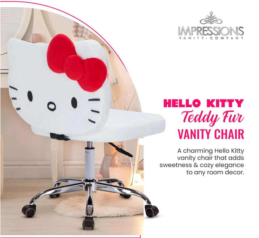 Impressions Vanity Hello Kitty Kawaii Swivel Vanity Chair for Makeup Room, Adjustable Height Cute Desk Chair with Wheels Rolling, Comfy Polyurethane Foam Back Armless Chair for Dorm (White) IMPRESSIONSVANITY%C2%B7COMPANY