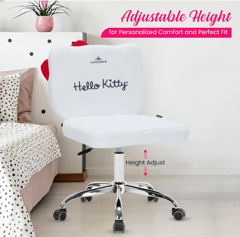 Impressions Vanity Hello Kitty Kawaii Swivel Vanity Chair for Makeup Room, Adjustable Height Cute Desk Chair with Wheels Rolling, Comfy Polyurethane Foam Back Armless Chair for Dorm (White) IMPRESSIONSVANITY%C2%B7COMPANY