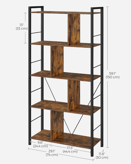 VASAGLE Bookshelf, 5-Tier Bookcase, Storage Shelving Unit, Display Shelf with Open Compartments for Living Room, Home Office, Bedroom, Industrial, Rustic Brown and Black ULBC121B01