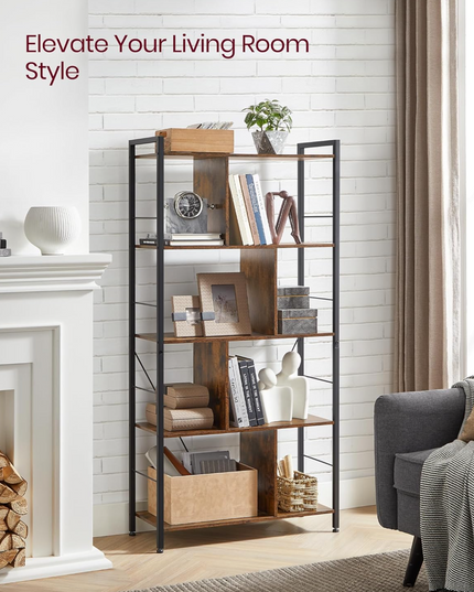 VASAGLE Bookshelf, 5-Tier Bookcase, Storage Shelving Unit, Display Shelf with Open Compartments for Living Room, Home Office, Bedroom, Industrial, Rustic Brown and Black ULBC121B01