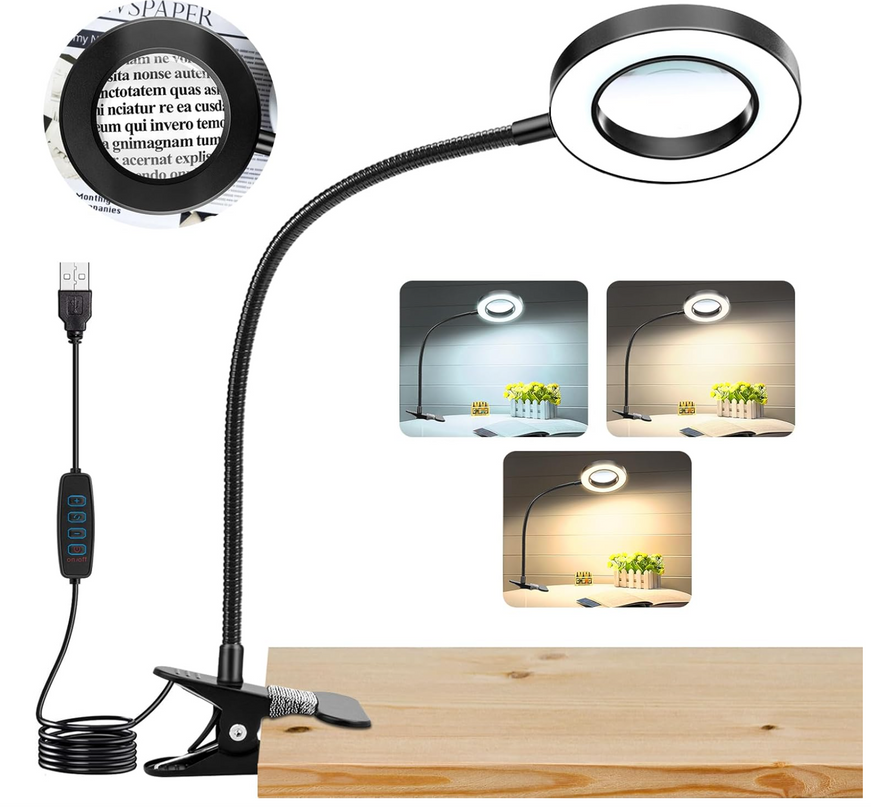 LED Magnifying Lamp with Light, 10X Desk Magnifying Glass with Lamp and Stand,Lighted Hands Free Flexible Gooseneck Professional Cool Light Lamp for Craft,Reading, Seniors,