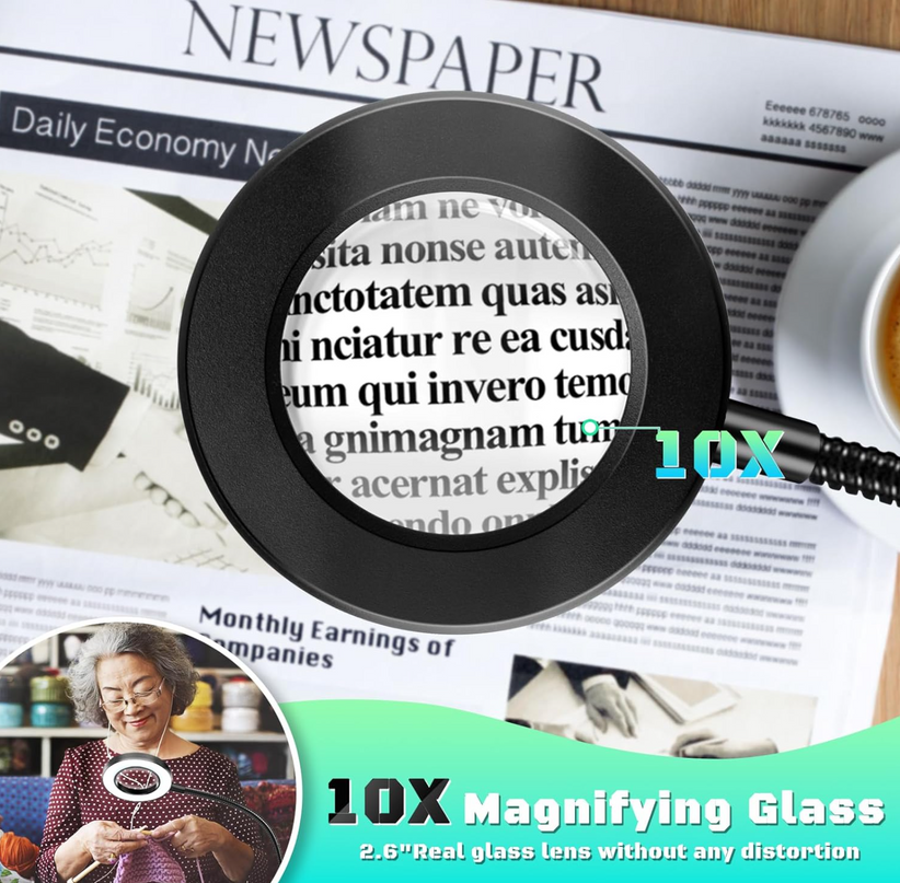 LED Magnifying Lamp with Light, 10X Desk Magnifying Glass with Lamp and Stand,Lighted Hands Free Flexible Gooseneck Professional Cool Light Lamp for Craft,Reading, Seniors,
