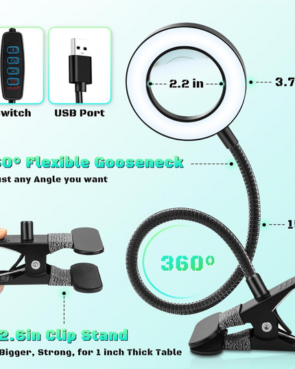 LED Magnifying Lamp with Light, 10X Desk Magnifying Glass with Lamp and Stand,Lighted Hands Free Flexible Gooseneck Professional Cool Light Lamp for Craft,Reading, Seniors,