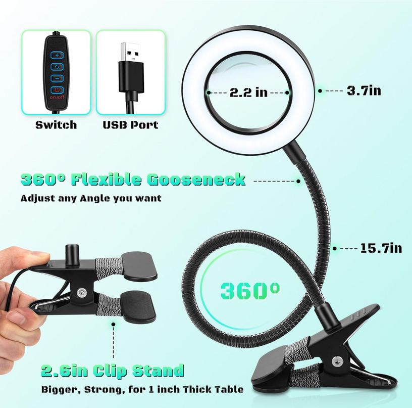 LED Magnifying Lamp with Light, 10X Desk Magnifying Glass with Lamp and Stand,Lighted Hands Free Flexible Gooseneck Professional Cool Light Lamp for Craft,Reading, Seniors,