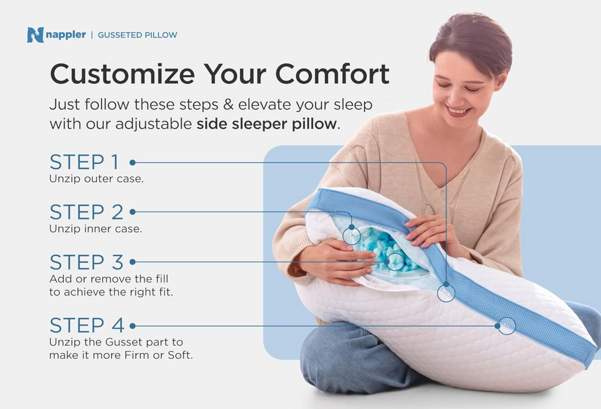 Side and Back Sleeper Pillow for Neck and Shoulder Pain Relief - Shredded Memory Foam Bed Pillow for Sleeping - 100% Adjustable Fill - Standard Size Modal Washable Case. Extra Fill Included - LeafyLoom