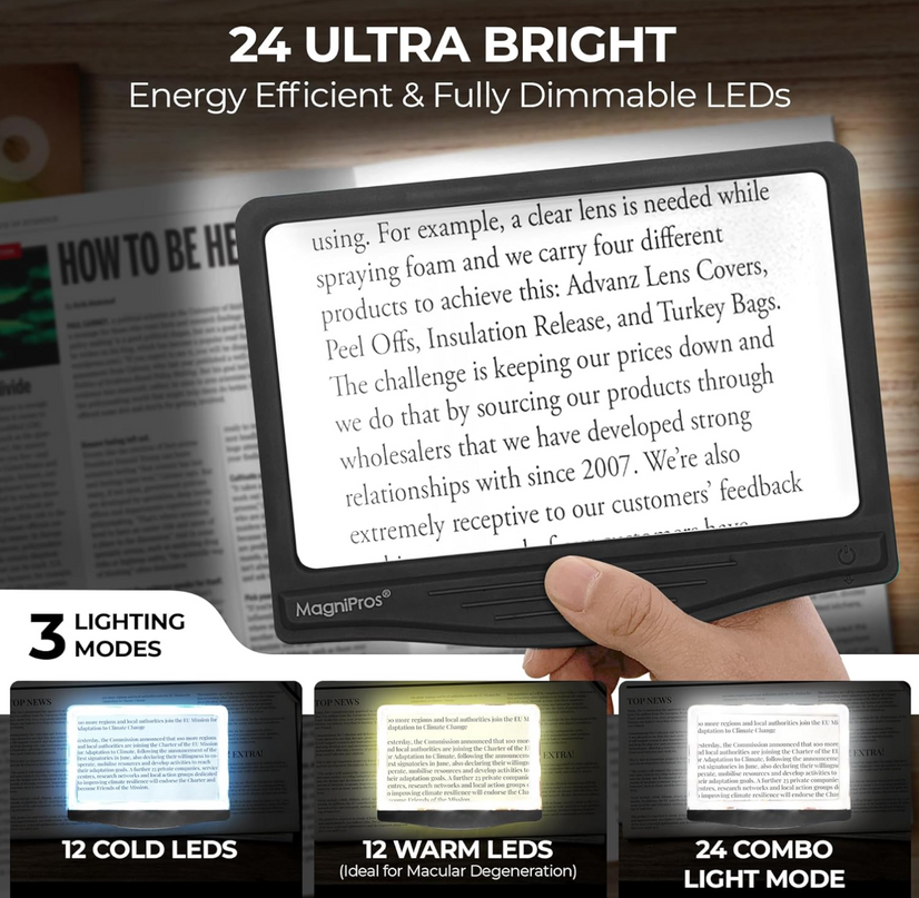 MAGNIPROS Patented 5X Large LED Page Magnifier with Detachable Stand | Eye Caring 3 Color Light Modes & Anti-Glare Lens to Reduce Eye Strain-Ideal for Reading Fine Print, Crafting, Low Vision Seniors - LeafyLoom