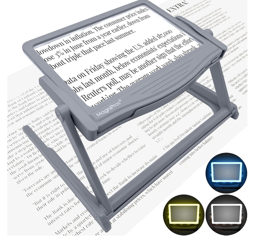 MAGNIPROS Patented 5X Large LED Page Magnifier with Detachable Stand | Eye Caring 3 Color Light Modes & Anti-Glare Lens to Reduce Eye Strain-Ideal for Reading Fine Print, Crafting, Low Vision Seniors - LeafyLoom