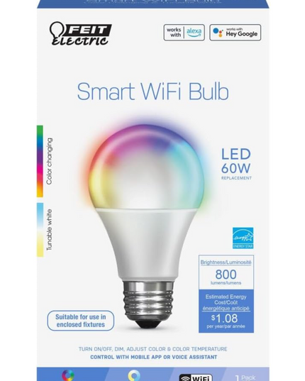Feit Electric A19 Smart LED Light Bulb, 60W Equivalent, Tunable White, Alexa & Google Home Compatible, 2.4 GHz Wi-Fi, 90+ CRI, Non-Dimmable, 800 Lumens, 25,000-Hour Lifetime, OM60/CCT/CA/AG - LeafyLoom