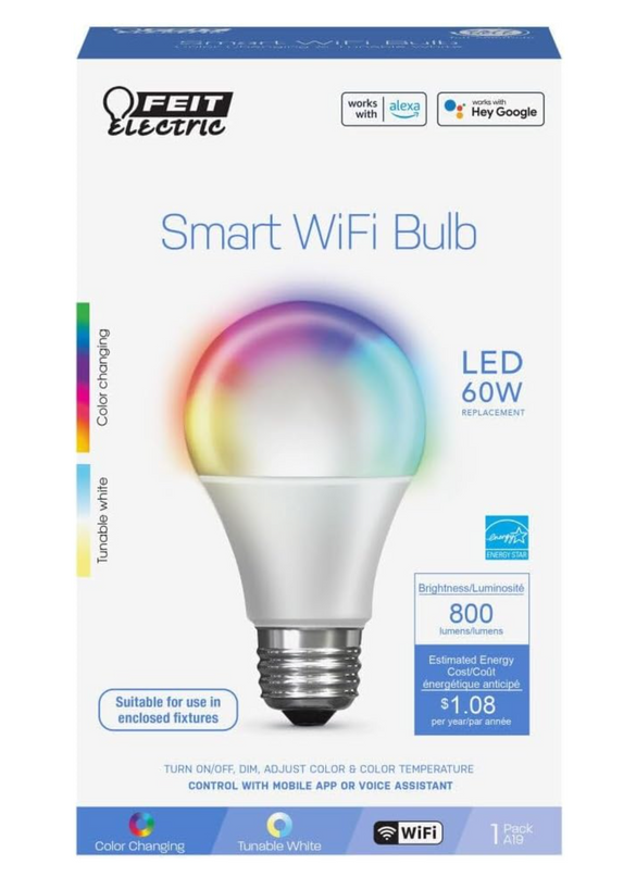 Feit Electric A19 Smart LED Light Bulb, 60W Equivalent, Tunable White, Alexa & Google Home Compatible, 2.4 GHz Wi-Fi, 90+ CRI, Non-Dimmable, 800 Lumens, 25,000-Hour Lifetime, OM60/CCT/CA/AG - LeafyLoom