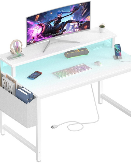 Lufeiya Small Computer Desk White Writing Table for Home Office Small Spaces 31 Inch Modern Student Study Laptop PC Writing Desks with Storage Bag Headphone Hook, White Black - LeafyLoom