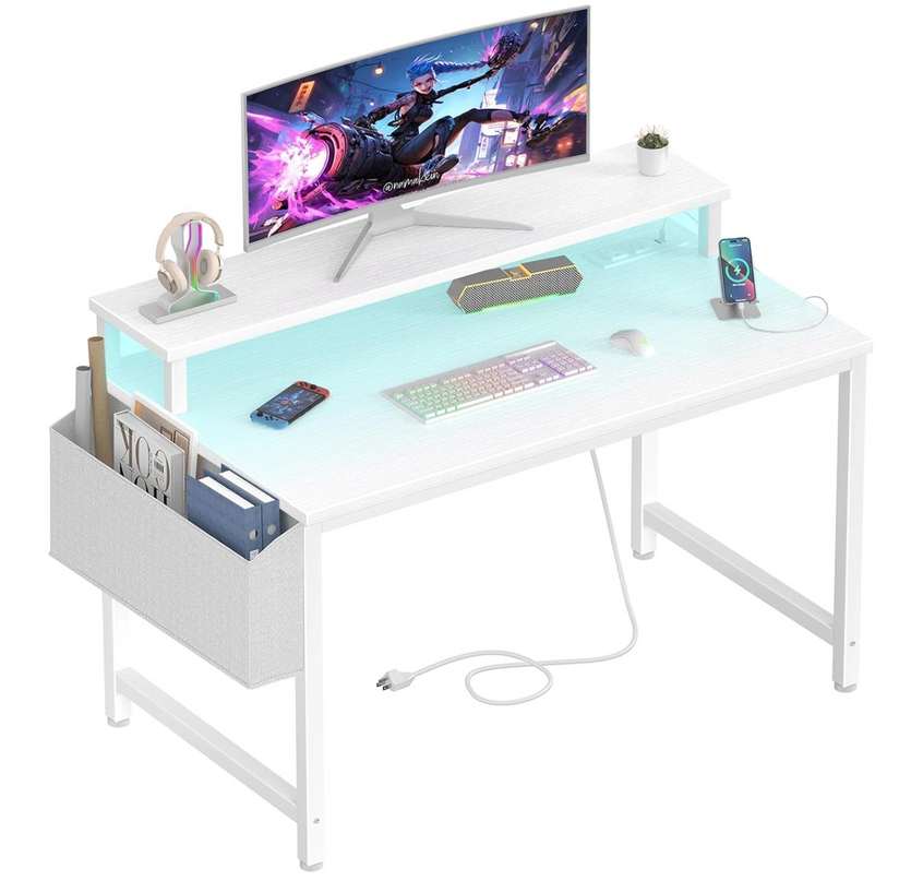 Lufeiya Small Computer Desk White Writing Table for Home Office Small Spaces 31 Inch Modern Student Study Laptop PC Writing Desks with Storage Bag Headphone Hook, White Black - LeafyLoom