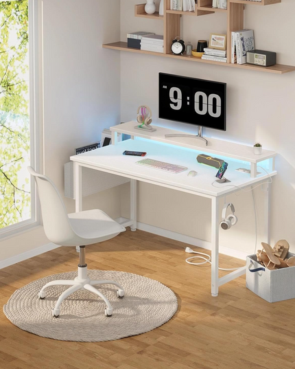Lufeiya Small Computer Desk White Writing Table for Home Office Small Spaces 31 Inch Modern Student Study Laptop PC Writing Desks with Storage Bag Headphone Hook, White Black - LeafyLoom