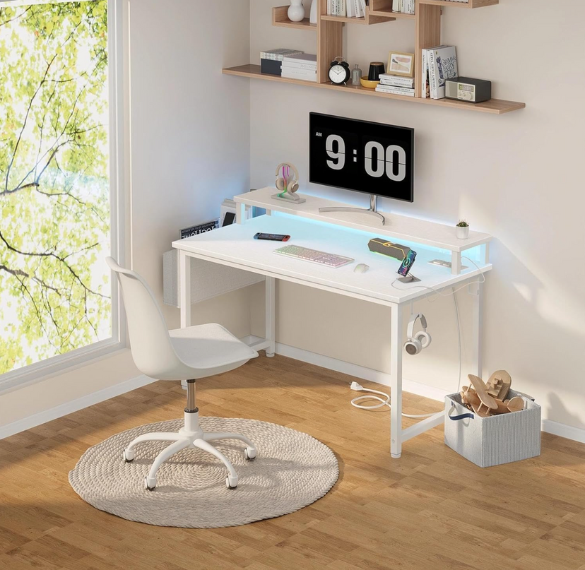 Lufeiya Small Computer Desk White Writing Table for Home Office Small Spaces 31 Inch Modern Student Study Laptop PC Writing Desks with Storage Bag Headphone Hook, White Black - LeafyLoom