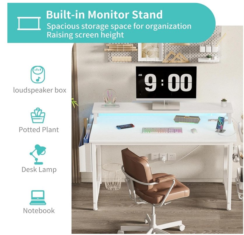 Lufeiya Small Computer Desk White Writing Table for Home Office Small Spaces 31 Inch Modern Student Study Laptop PC Writing Desks with Storage Bag Headphone Hook, White Black - LeafyLoom