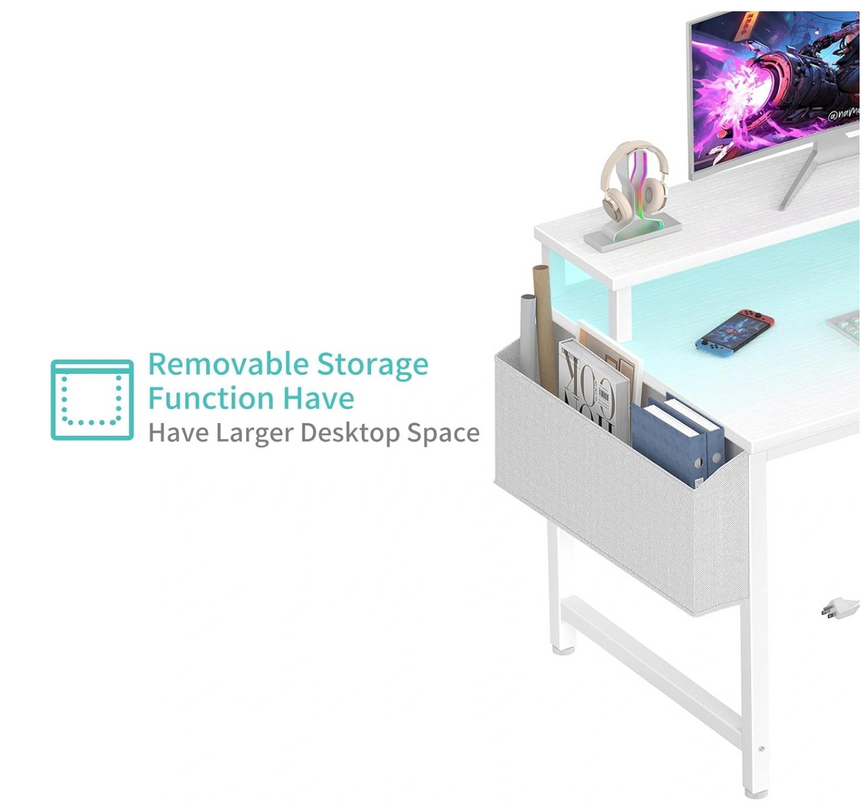 Lufeiya Small Computer Desk White Writing Table for Home Office Small Spaces 31 Inch Modern Student Study Laptop PC Writing Desks with Storage Bag Headphone Hook, White Black - LeafyLoom