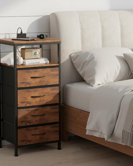 Sweetcrispy Nightstand with Charging Station, Bedside End Table with 4 Fabric Drawers, USB & Type-C Ports with AC Outlets, Adjustable Feet & Dimmable LED Light Strip, Modern Bedroom Furniture, Brown - LeafyLoom