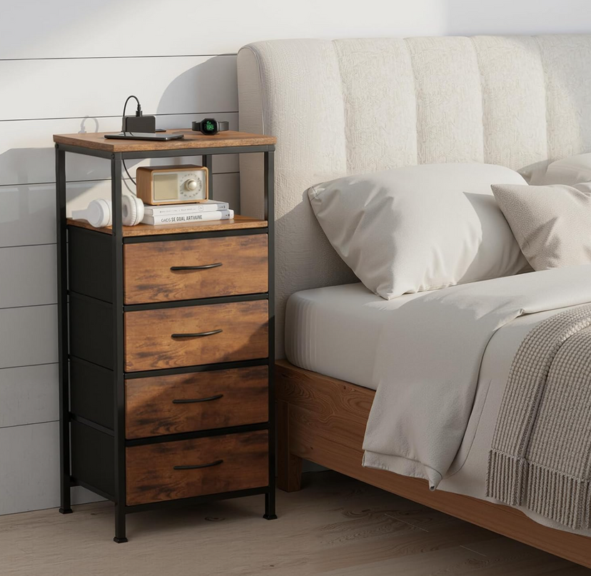 Sweetcrispy Nightstand with Charging Station, Bedside End Table with 4 Fabric Drawers, USB & Type-C Ports with AC Outlets, Adjustable Feet & Dimmable LED Light Strip, Modern Bedroom Furniture, Brown - LeafyLoom
