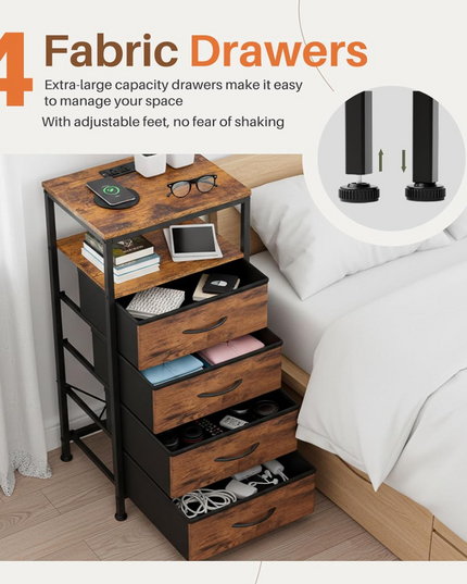 Sweetcrispy Nightstand with Charging Station, Bedside End Table with 4 Fabric Drawers, USB & Type-C Ports with AC Outlets, Adjustable Feet & Dimmable LED Light Strip, Modern Bedroom Furniture, Brown - LeafyLoom