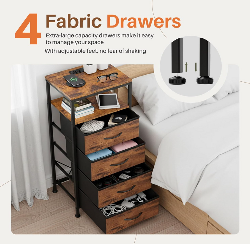 Sweetcrispy Nightstand with Charging Station, Bedside End Table with 4 Fabric Drawers, USB & Type-C Ports with AC Outlets, Adjustable Feet & Dimmable LED Light Strip, Modern Bedroom Furniture, Brown - LeafyLoom