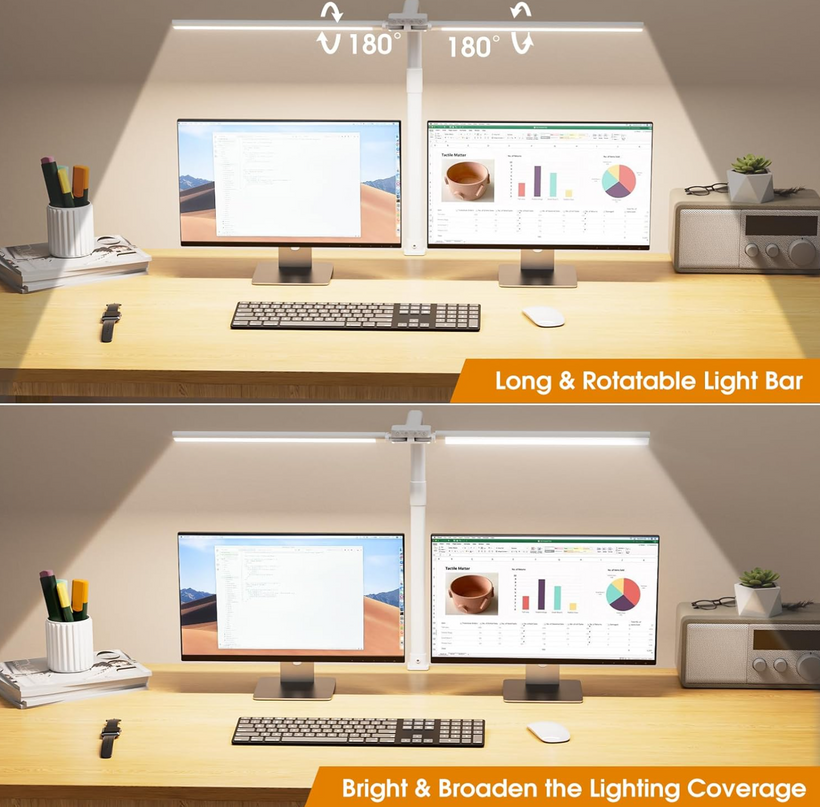 LED Desk Lamp for Home Office - Dimmable Computer Desk Light with Clamp, Modern Architect Task Lamp with Color Changing, Flexible Desktop Lamp with Gooseneck for Monitor, Double Head, White - LeafyLoom