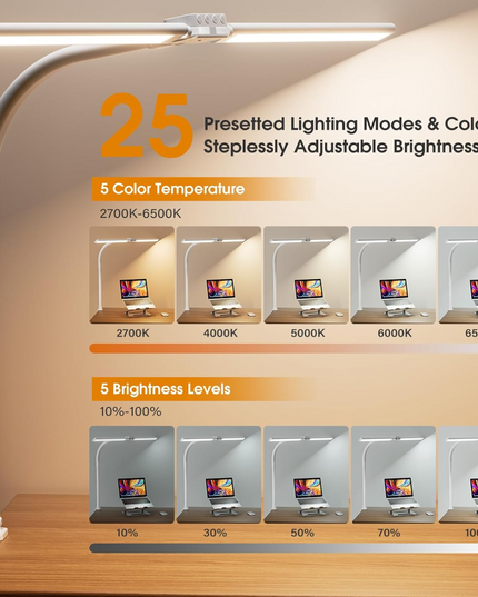 LED Desk Lamp for Home Office - Dimmable Computer Desk Light with Clamp, Modern Architect Task Lamp with Color Changing, Flexible Desktop Lamp with Gooseneck for Monitor, Double Head, White - LeafyLoom