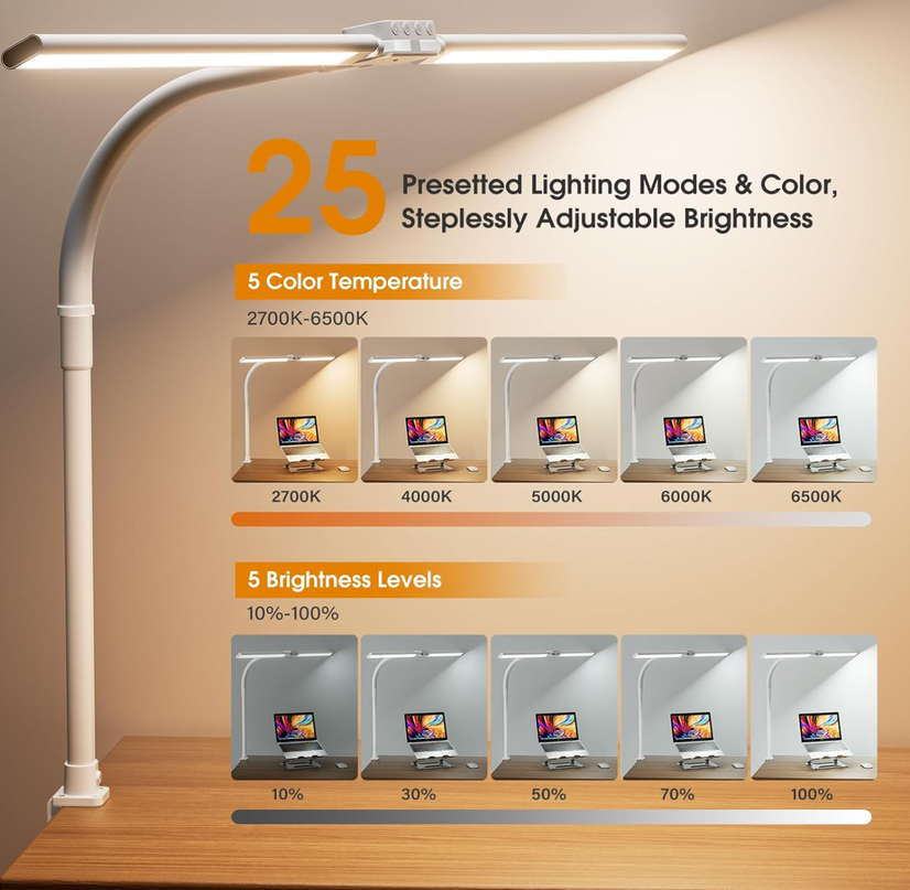 LED Desk Lamp for Home Office - Dimmable Computer Desk Light with Clamp, Modern Architect Task Lamp with Color Changing, Flexible Desktop Lamp with Gooseneck for Monitor, Double Head, White - LeafyLoom