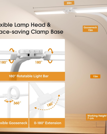 LED Desk Lamp for Home Office - Dimmable Computer Desk Light with Clamp, Modern Architect Task Lamp with Color Changing, Flexible Desktop Lamp with Gooseneck for Monitor, Double Head, White - LeafyLoom