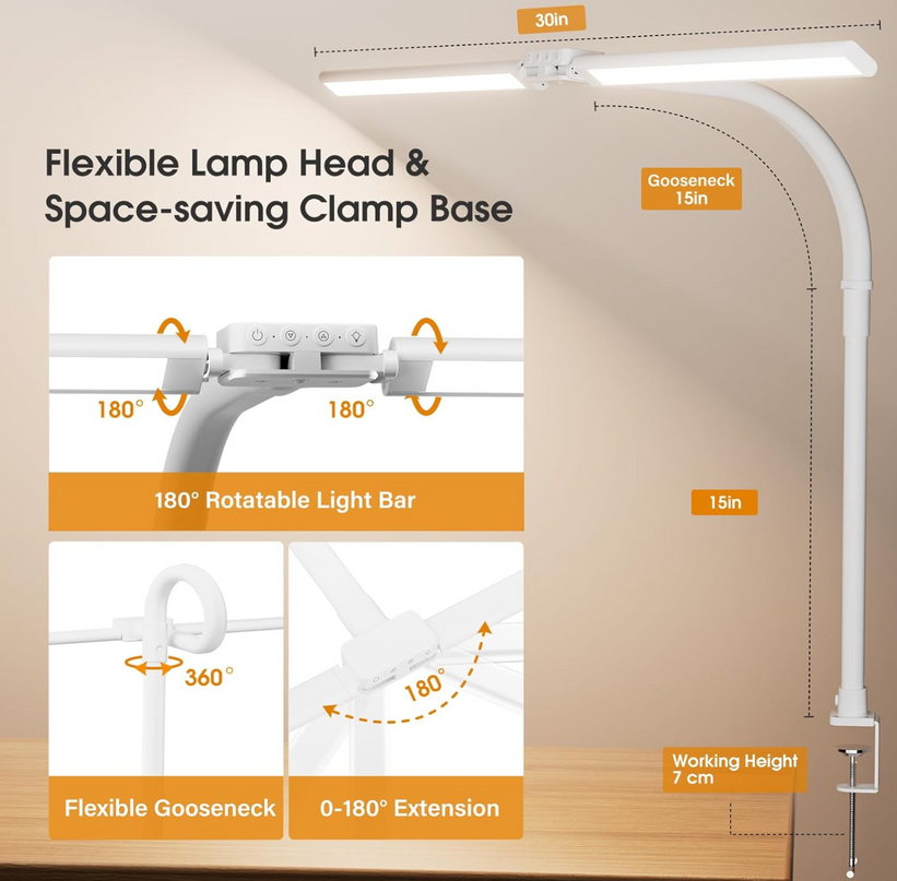 LED Desk Lamp for Home Office - Dimmable Computer Desk Light with Clamp, Modern Architect Task Lamp with Color Changing, Flexible Desktop Lamp with Gooseneck for Monitor, Double Head, White - LeafyLoom