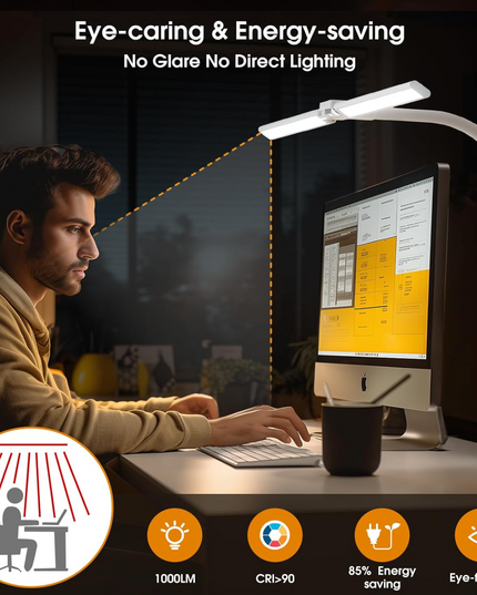 LED Desk Lamp for Home Office - Dimmable Computer Desk Light with Clamp, Modern Architect Task Lamp with Color Changing, Flexible Desktop Lamp with Gooseneck for Monitor, Double Head, White - LeafyLoom