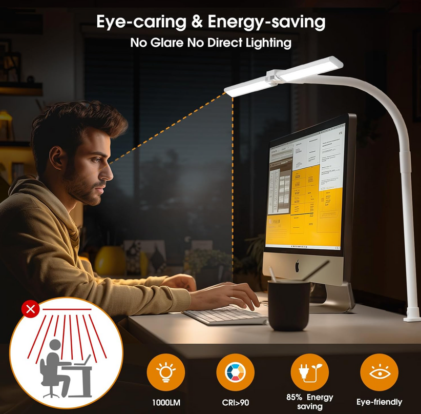 LED Desk Lamp for Home Office - Dimmable Computer Desk Light with Clamp, Modern Architect Task Lamp with Color Changing, Flexible Desktop Lamp with Gooseneck for Monitor, Double Head, White - LeafyLoom