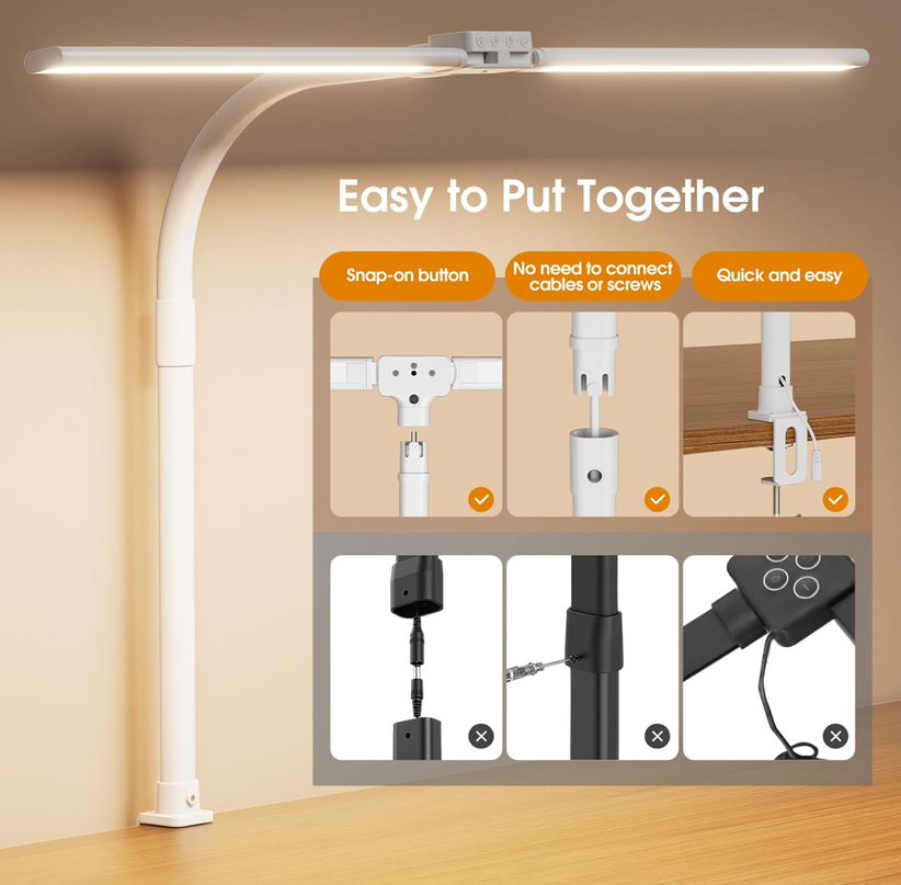 LED Desk Lamp for Home Office - Dimmable Computer Desk Light with Clamp, Modern Architect Task Lamp with Color Changing, Flexible Desktop Lamp with Gooseneck for Monitor, Double Head, White - LeafyLoom