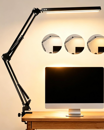 LED Desk Lamp – 12W Adjustable Swing Arm Light with 5 Color Modes & 10 Brightness Levels, Black, Eye-Caring Table Lamp for Home and Office