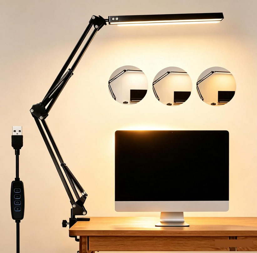 LED Desk Lamp – 12W Adjustable Swing Arm Light with 5 Color Modes & 10 Brightness Levels, Black, Eye-Caring Table Lamp for Home and Office