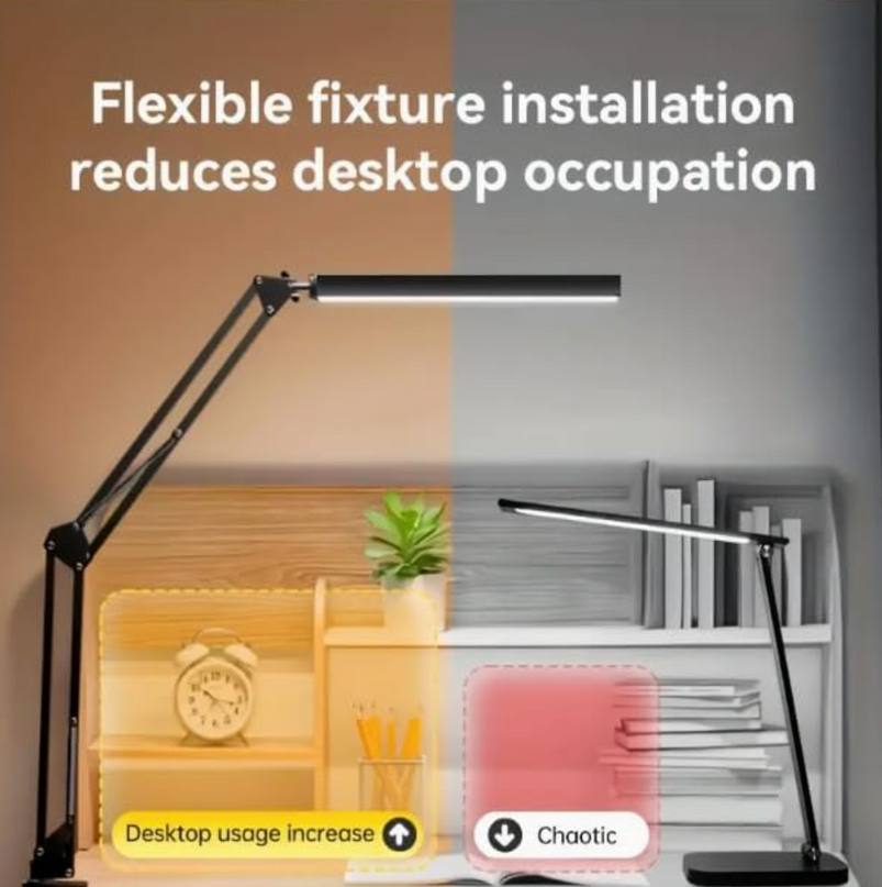 LED Desk Lamp – 12W Adjustable Swing Arm Light with 5 Color Modes & 10 Brightness Levels, Black, Eye-Caring Table Lamp for Home and Office