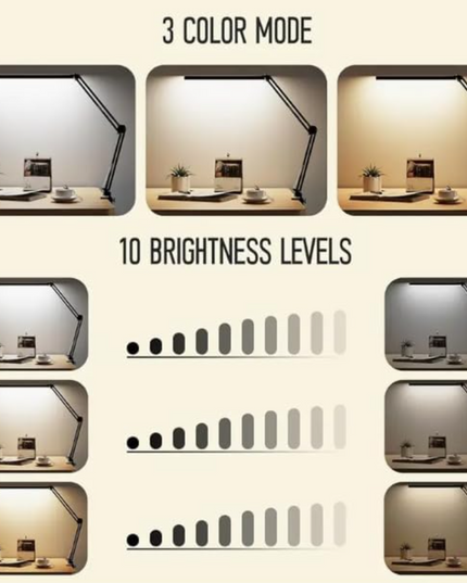 LED Desk Lamp – 12W Adjustable Swing Arm Light with 5 Color Modes & 10 Brightness Levels, Black, Eye-Caring Table Lamp for Home and Office