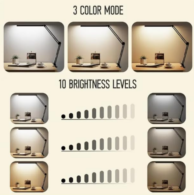 LED Desk Lamp – 12W Adjustable Swing Arm Light with 5 Color Modes & 10 Brightness Levels, Black, Eye-Caring Table Lamp for Home and Office