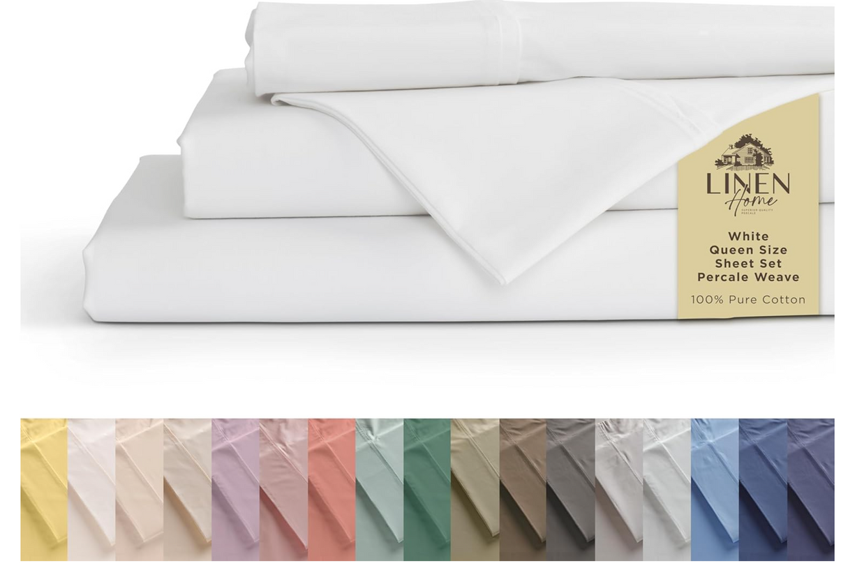 Linen Home 100% Cotton Percale Sheets Queen Size 4 Pc Cooling Set - White - LeafyLoom