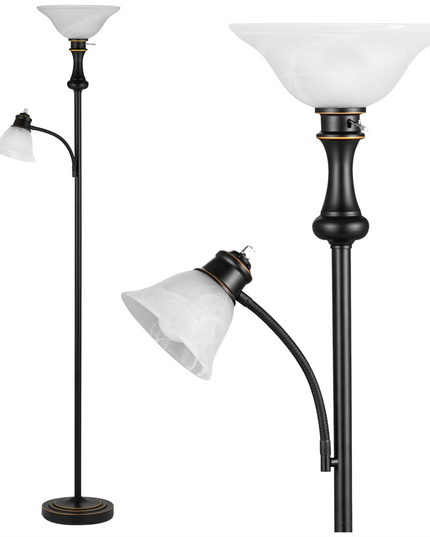 Elegant Designs LF2003-RBZ 2 Light Mother Daughter Floor Lamp with White Marble Glass,Restoration Bronze