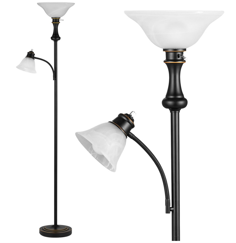 Elegant Designs LF2003-RBZ 2 Light Mother Daughter Floor Lamp with White Marble Glass,Restoration Bronze