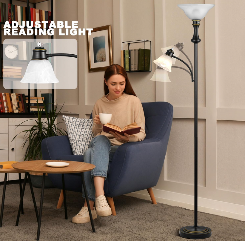Elegant Designs LF2003-RBZ 2 Light Mother Daughter Floor Lamp with White Marble Glass,Restoration Bronze