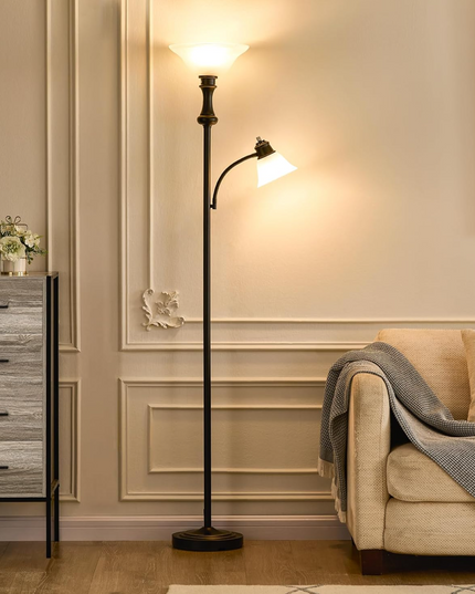 Elegant Designs LF2003-RBZ 2 Light Mother Daughter Floor Lamp with White Marble Glass,Restoration Bronze