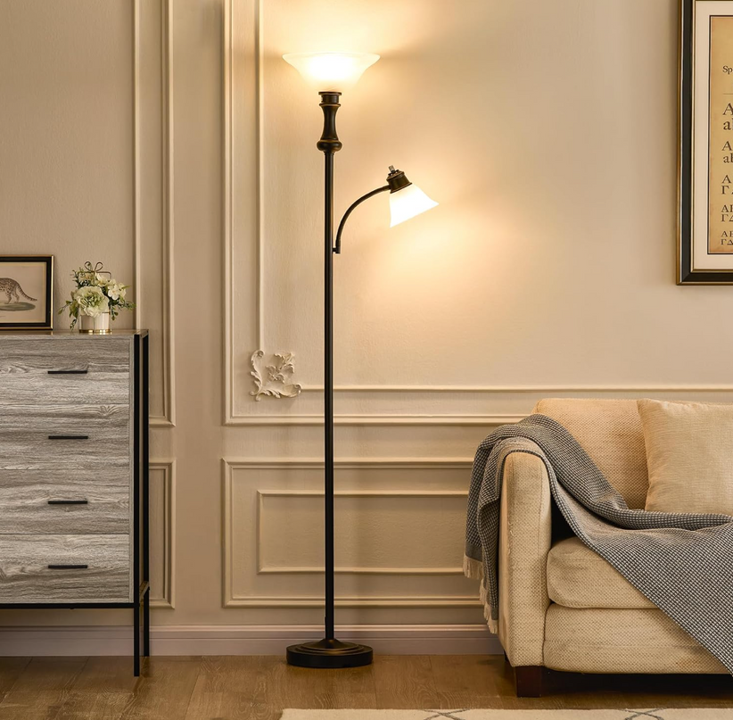 Elegant Designs LF2003-RBZ 2 Light Mother Daughter Floor Lamp with White Marble Glass,Restoration Bronze